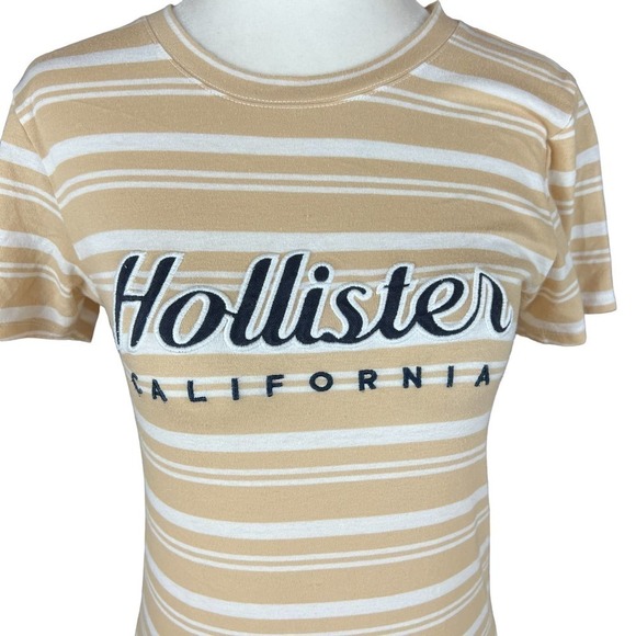 HOLLISTER CASUAL STRIPED SHORT SLEEVE EMBROIDERED CREW NECK BROWN SIZE XS - Picture 2 of 11